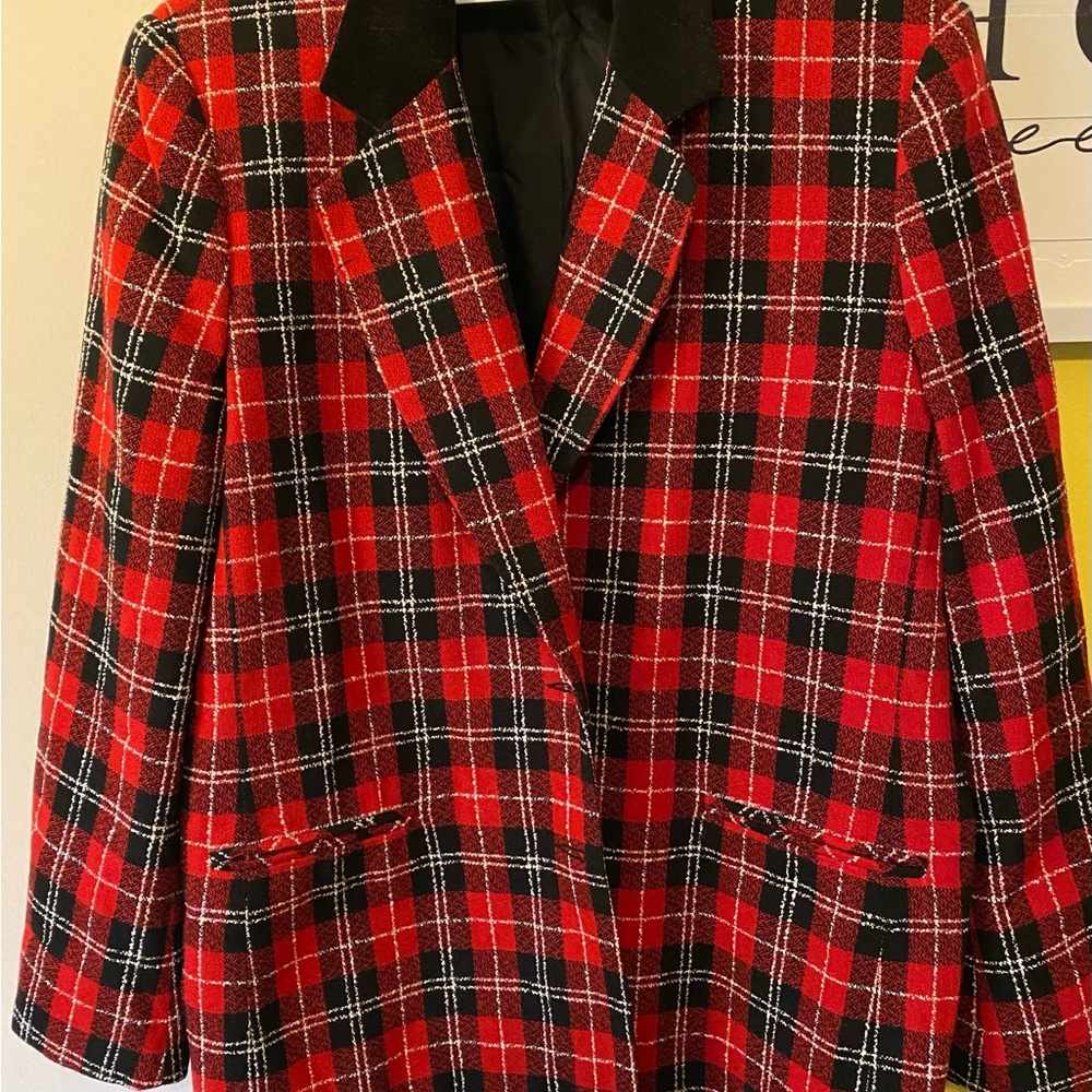 Vintage Kim Rogers Red Plaid Blazer with Velvet Color.